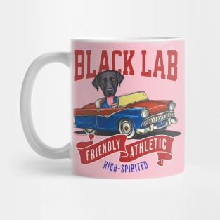 Humor cute funny black lab labrador retriever dog driving a vintage classic retro car to a parade with red white and blue flags Mug